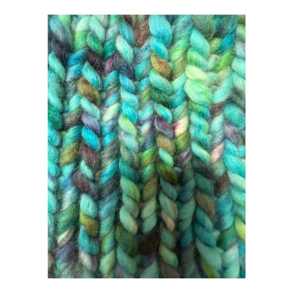 Hand knit blues/greys/greens variegated knit hat with faux fur pom main image 5